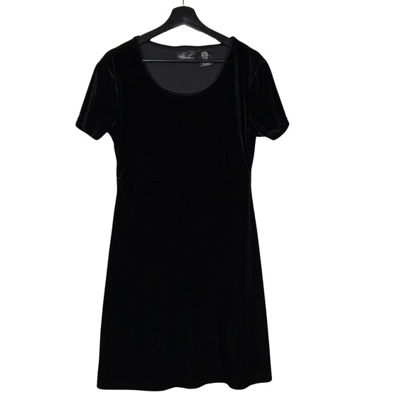 90s Kathie Lee Black Velour Mini Dress Medium Classic Vamp Dark Vintage Goth - Picture 1 of 7